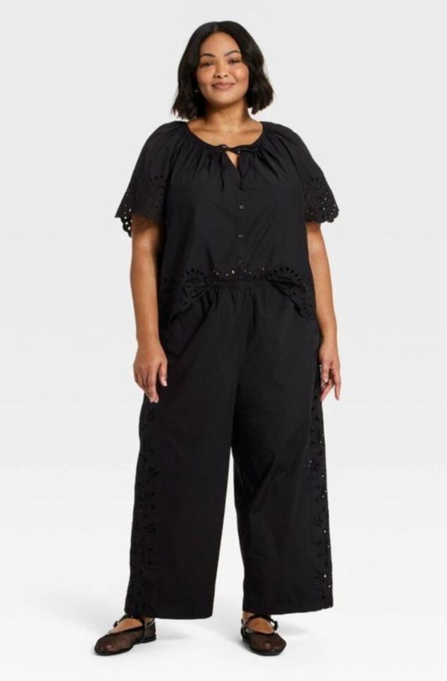 A New Day Black Eyelet Flutter Sleeve Tie Neck Button Front Blouse NWT